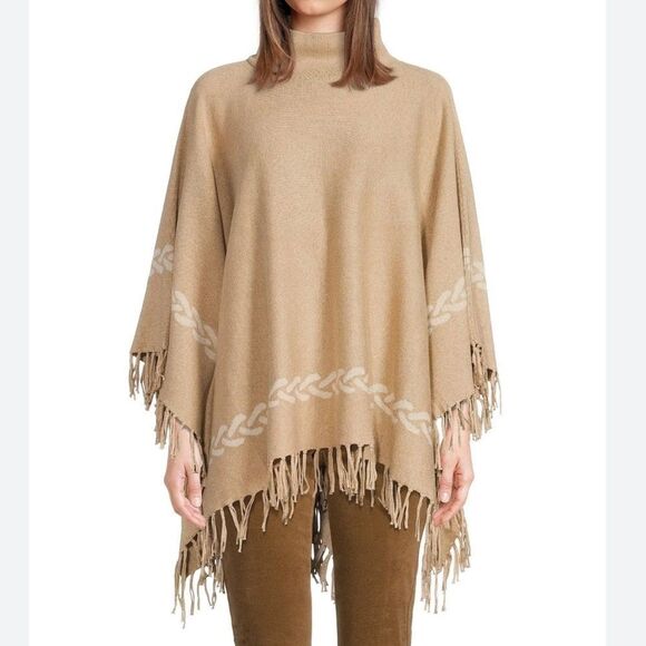 J. Mclaughlin Garnet Chain Print Jacquard
Knit Mock Neck Tan Fringe Sweater OS - Picture 1 of 8